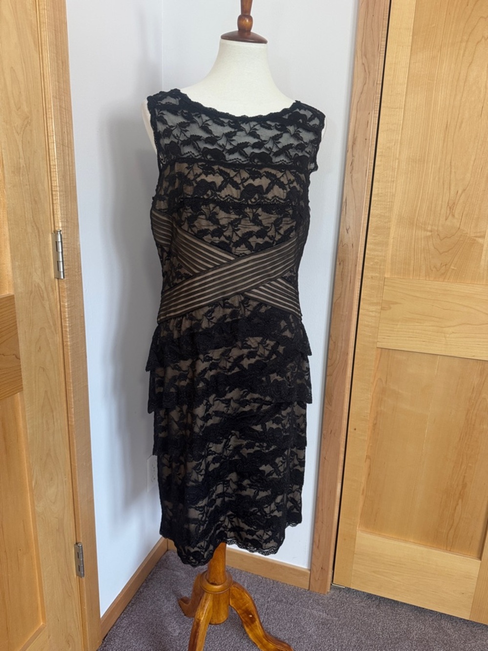 Blu Sage Black Lace Midi Dress with Striped Waist